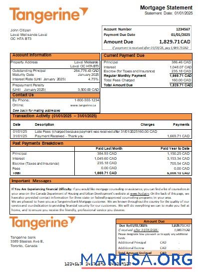 Printable Canada Tangerine bank mortgage statement scr example